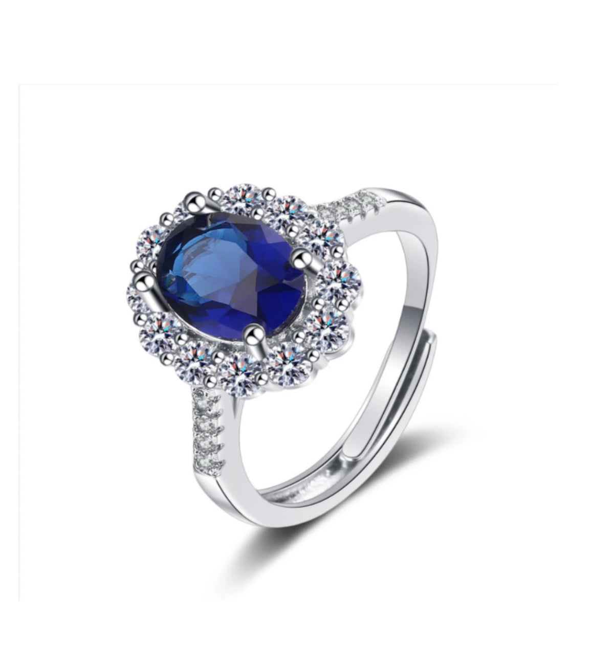 Royal Blue Sapphire Oval Pave Cubic Zirconia Silver Promise Adjustable Band Ring ( Usa Express Delivery)