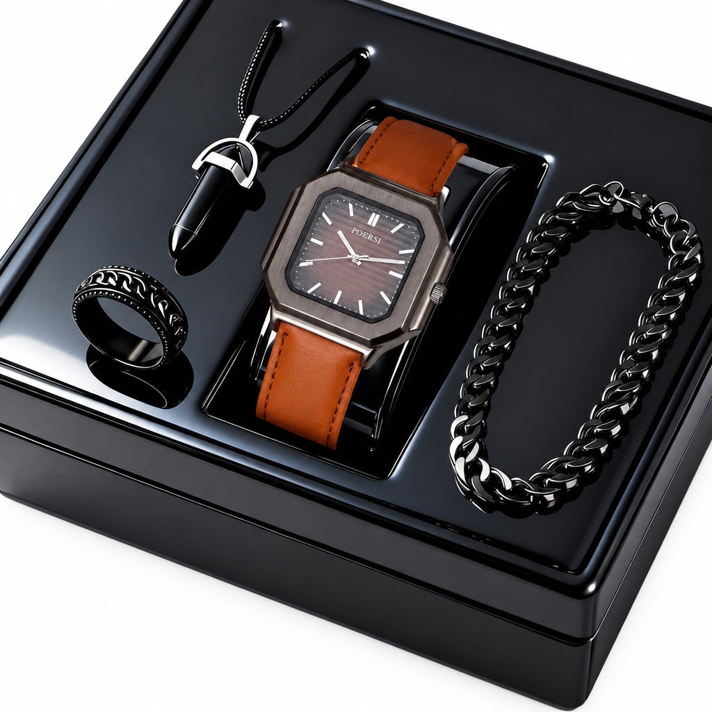 4PCS Men's All-Match Watch Necklace Bracelet And Ring Set (Standard Delivery)