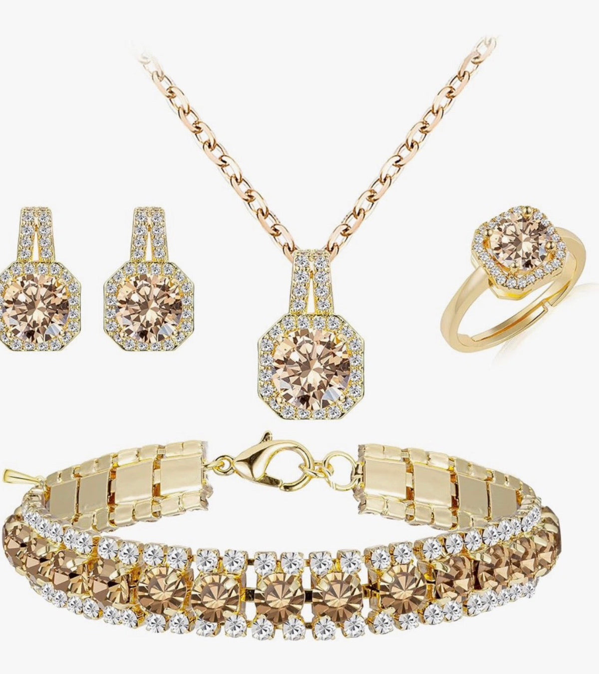 4pcs Cubic Zirconia Wedding Jewelry Sets for Bride Bridesmaid Cubic Zirconia Pendant Necklace Earrings Link Tennis Bracelet Open Ring Set for Women (USA Express Delivery)