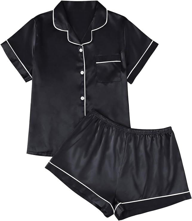 Silk Satin Pajama Set for Women 2 Piece Lounge cloth Winter Matching Summer Sleepwear Button Down Shirt Shorts (USA Express Delivery)