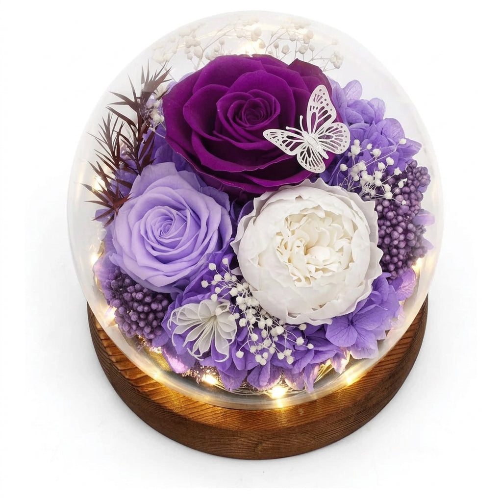 Preserved Flower Rose in Glass Dome with LED Light(Purple) (USA Express Delivery)
