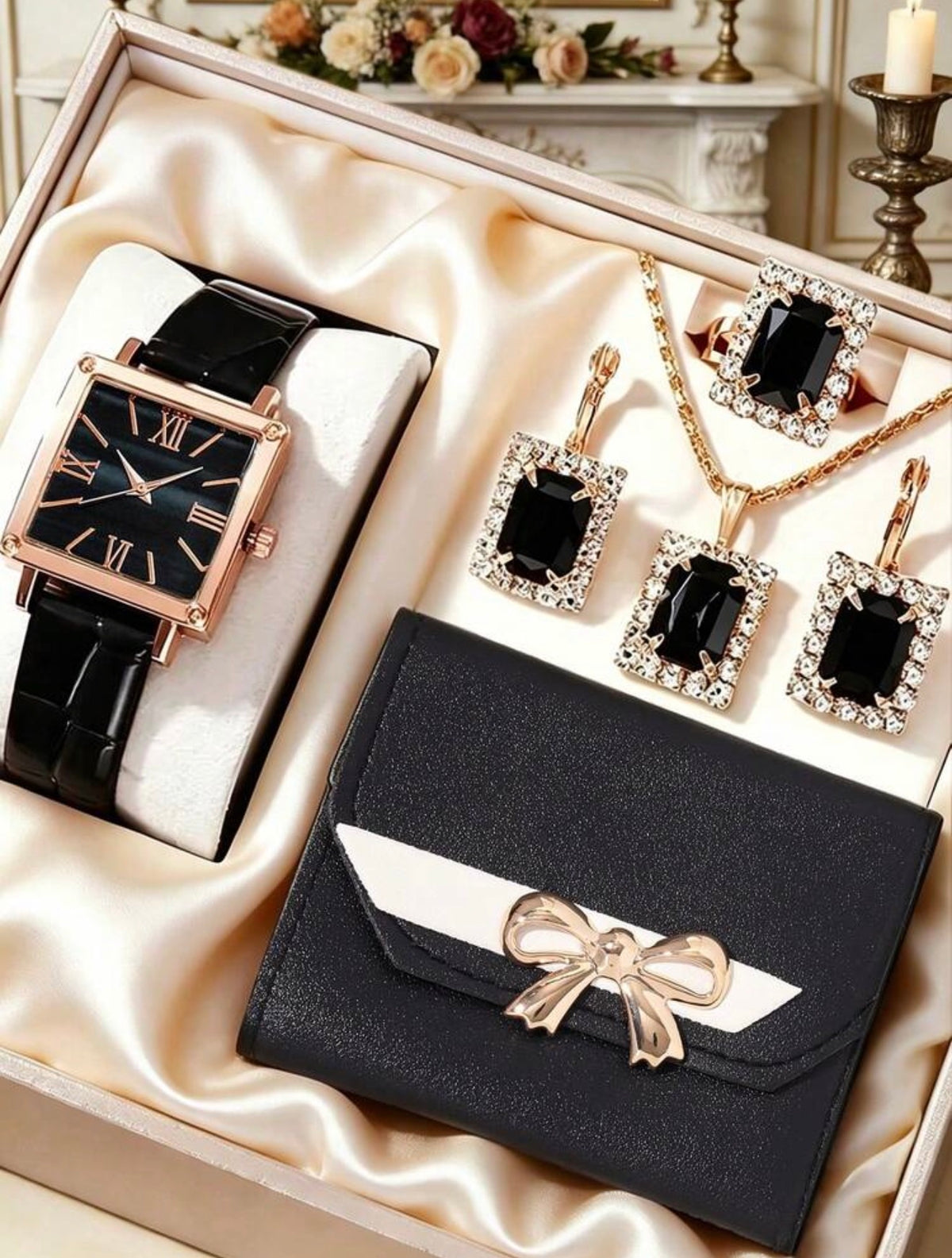 6pcs Set Elegant Women's Quartz Watch Set, Luxury Holiday Women's Red Diamond Accessory Set (Including Rose Gold Square Case With Red Dial And Roman Numerals, Red Leather Strap Quartz Watch) (Standard Delivery)
