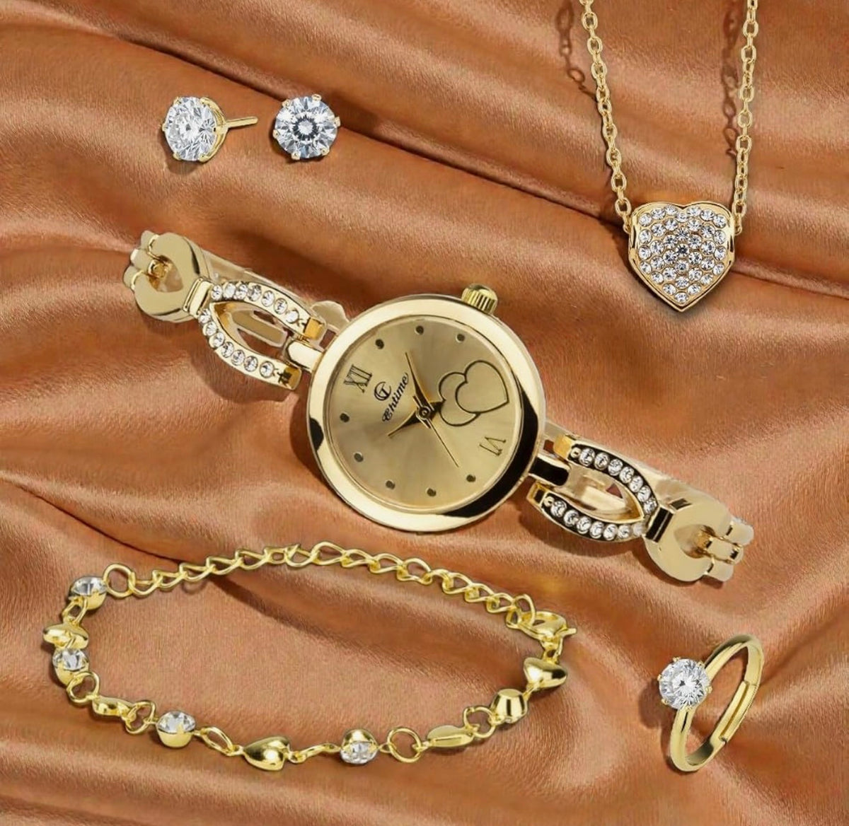 Gift Set Women's Watch gold- jewelry Set- Necklace-Ring- Earrings - Band (USA Express Delivery)