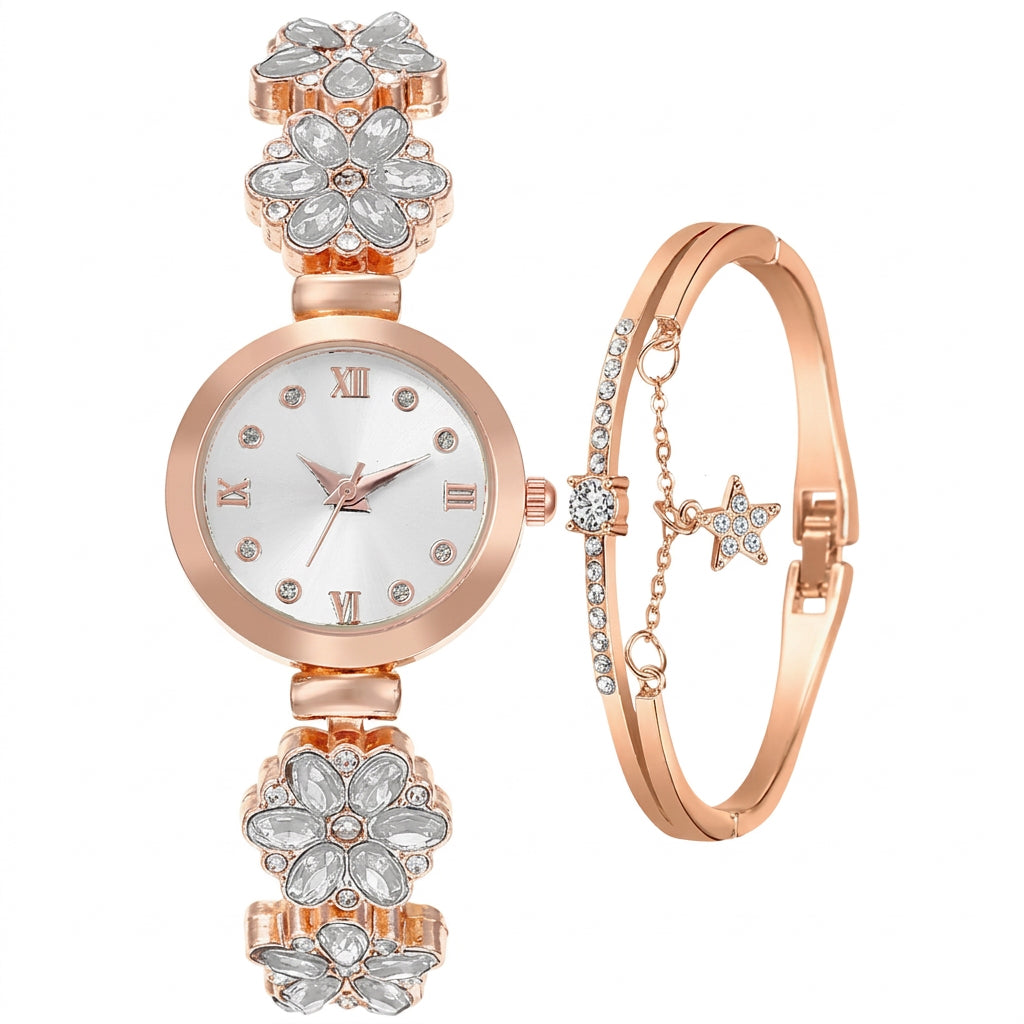 Luxury Womens Diamond Gold Watch and Bracelet (USA Express Delivery)