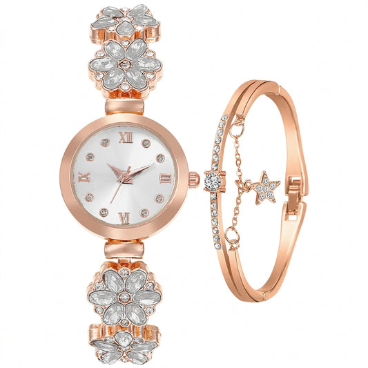 Luxury Womens Diamond Gold Watch and Bracelet (USA Express Delivery)