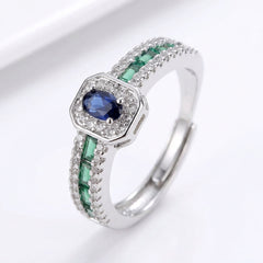 Silver Rectangle Oval Green Blue Pave Cubic Zirconia Adjustable Band Ring ( Usa Express Delivery)