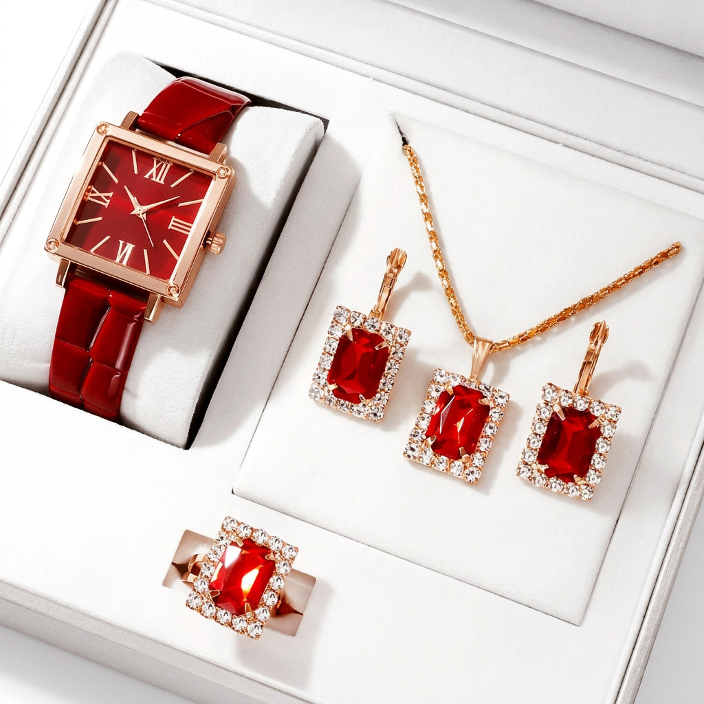 5pcs Women's Fashion Full Rhinestone Steel Strap Quartz Watch, Necklace, Ring, Earrings Jewelry Set ( Usa Express Delivery)