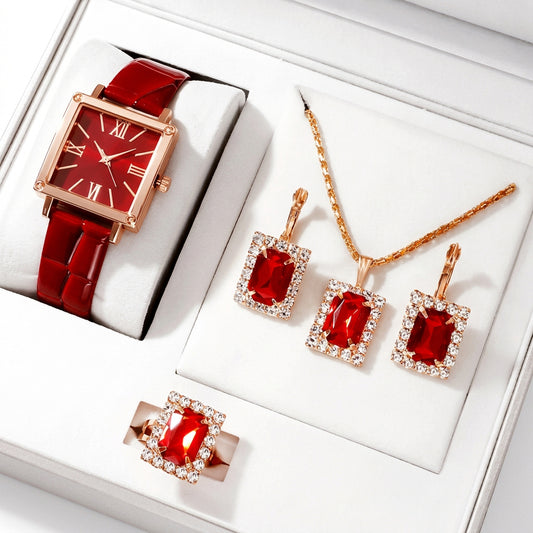 5pcs Women's Fashion Full Rhinestone Steel Strap Quartz Watch, Necklace, Ring, Earrings Jewelry Set ( Usa Express Delivery)