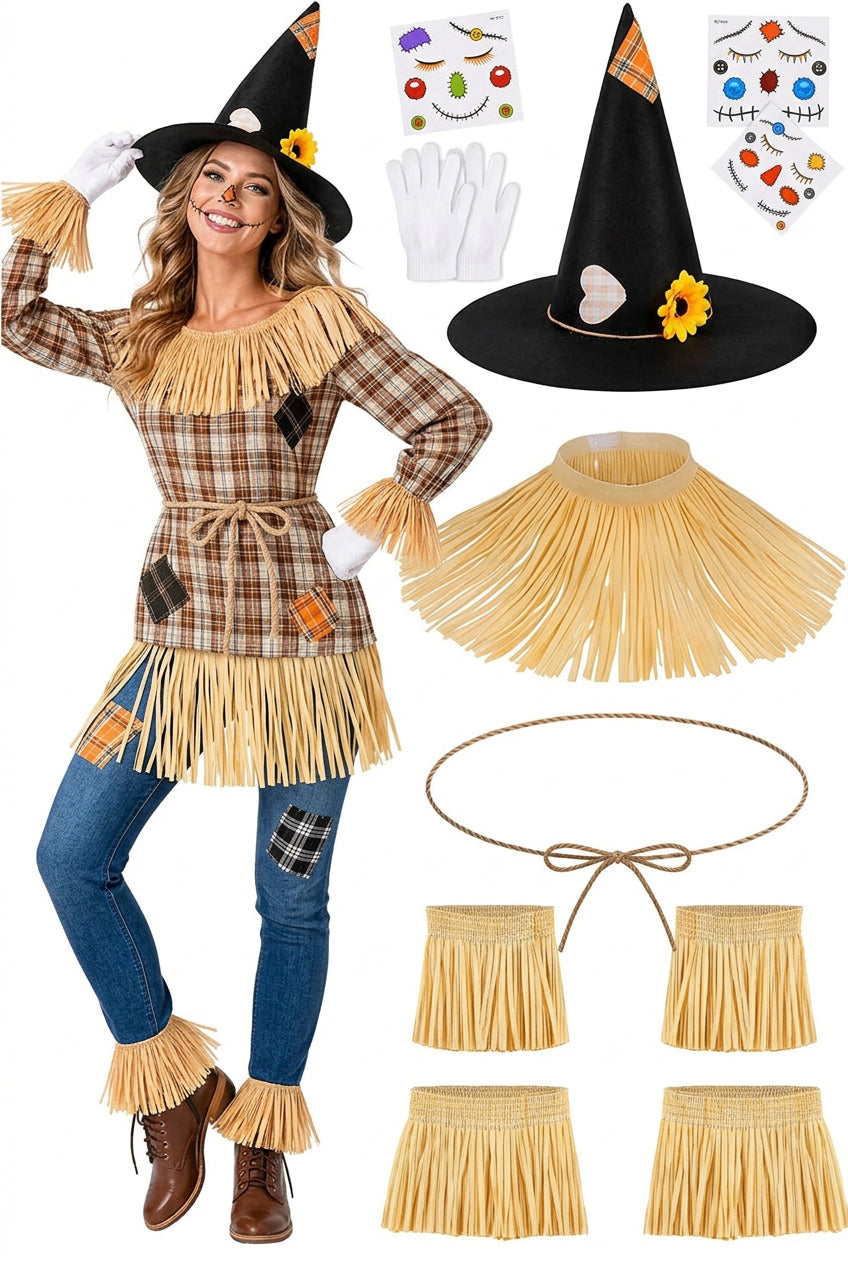 12 PCS Halloween Women’s Scarecrow Costume Accessories Set Halloween Accessories Set with Black Pointed Hat, Straw Fringe Cape, Cuffs, Leg Warmers & Face Stickers for Party (USA Express Delivery)