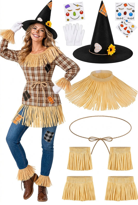 12 PCS Halloween Women’s Scarecrow Costume Accessories Set Halloween Accessories Set with Black Pointed Hat, Straw Fringe Cape, Cuffs, Leg Warmers & Face Stickers for Party (USA Express Delivery)