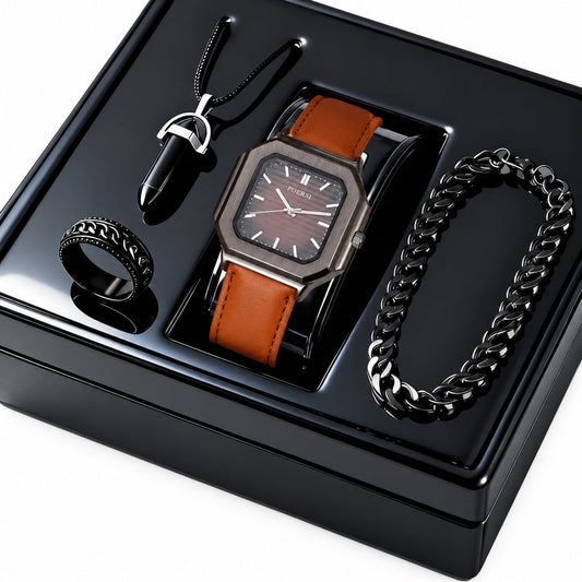 4PCS Men's  All-Match Watch Necklace Bracelet And Ring Set (Standard Delivery)