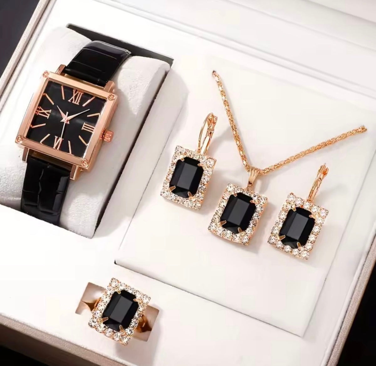 5pcs Women's Fashion Full Rhinestone Steel Strap Quartz Watch, Necklace, Ring, Earrings Jewelry Set ( Usa Express Delivery)