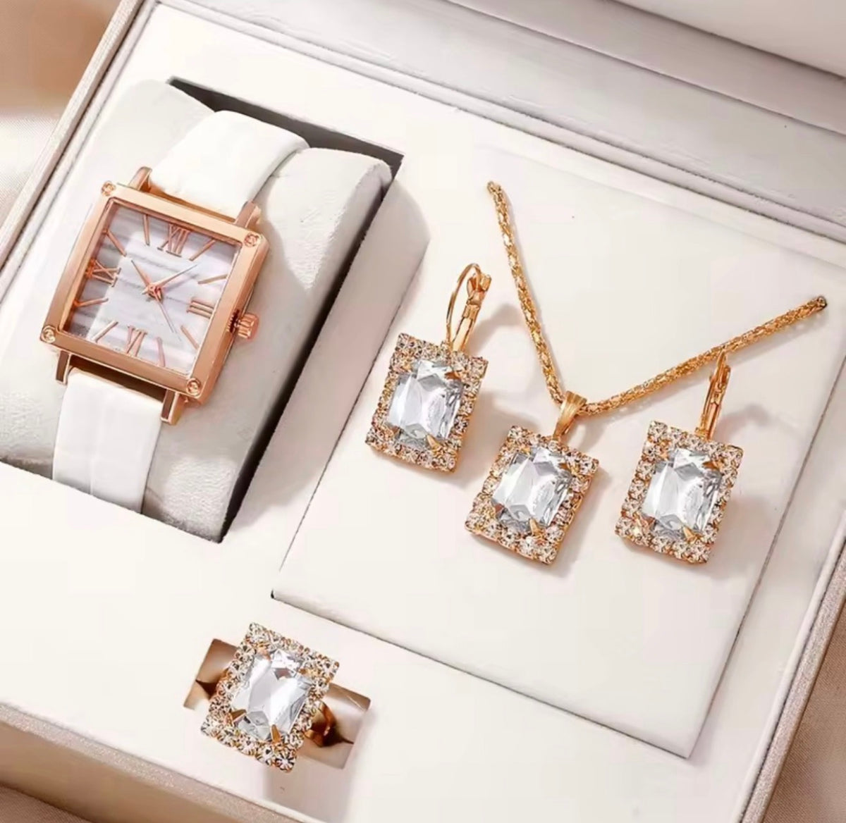 5pcs Women's Fashion Full Rhinestone Steel Strap Quartz Watch, Necklace, Ring, Earrings Jewelry Set ( Usa Express Delivery)