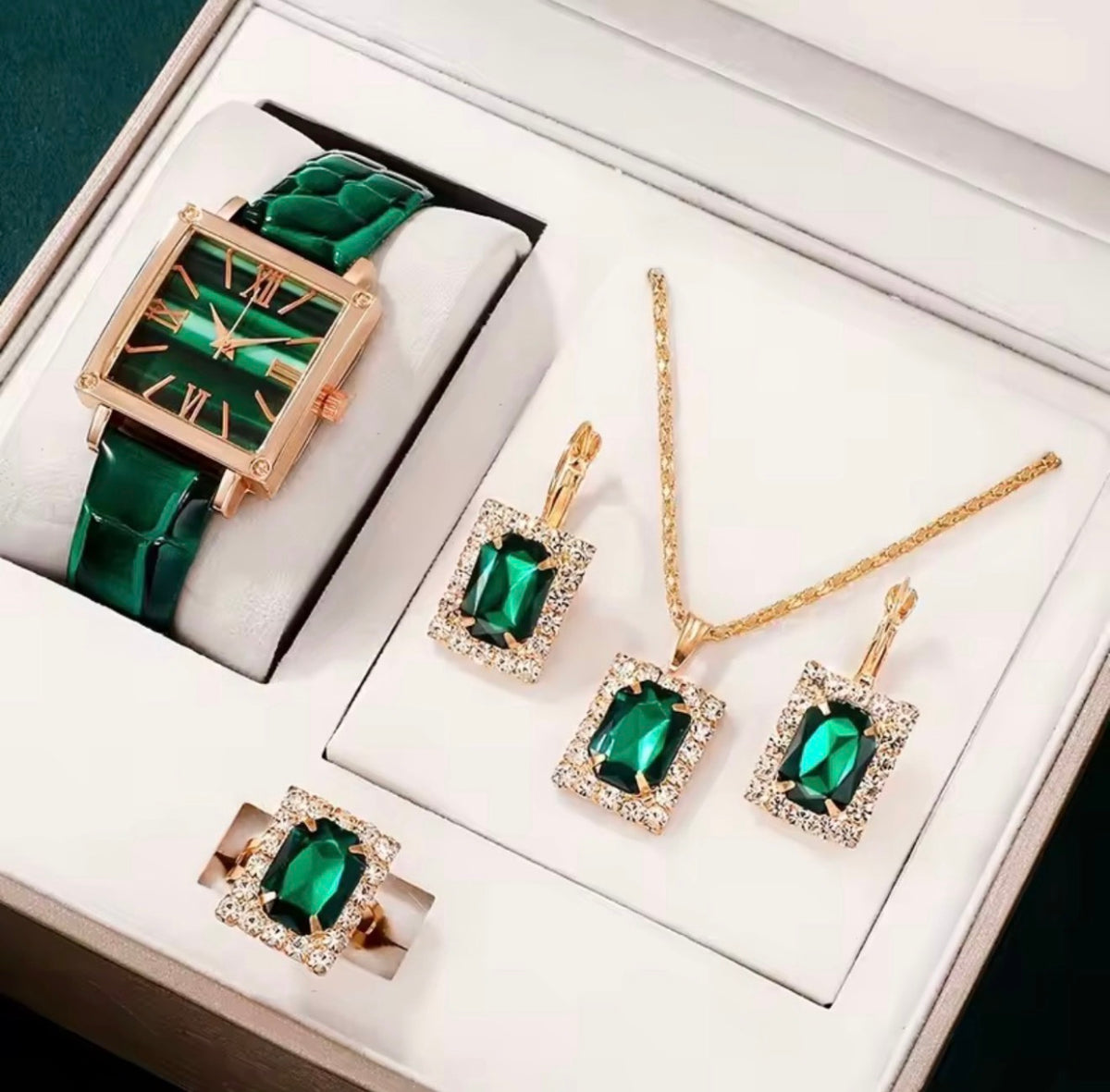 5pcs Women's Fashion Full Rhinestone Steel Strap Quartz Watch, Necklace, Ring, Earrings Jewelry Set ( Usa Express Delivery)