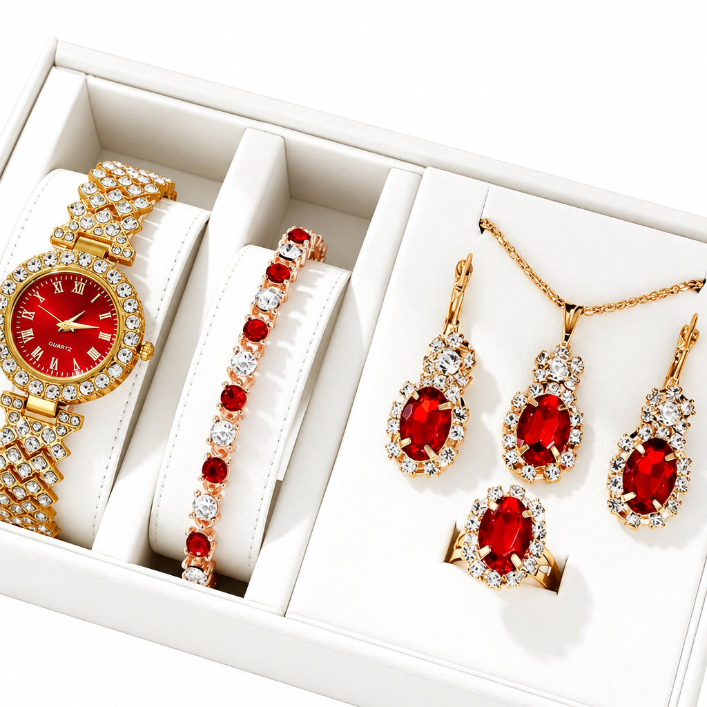 6pcs Luxury Women's Watch & Jewelry Set, Rose Gold Rhinestone Steel Band Wristwatch, Ruby Dial Design, Matching Ruby Bracelet, Necklace, Earrings, Ring, Sparkling & Elegant, Suitable For Party, Date, Gift For Women, Watch Set (Standard Delivery)