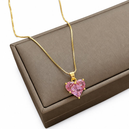 Women's Fashion Jewelry Gold Pink Rhinestone Heart Pendant Necklace ( Standard Delivery )