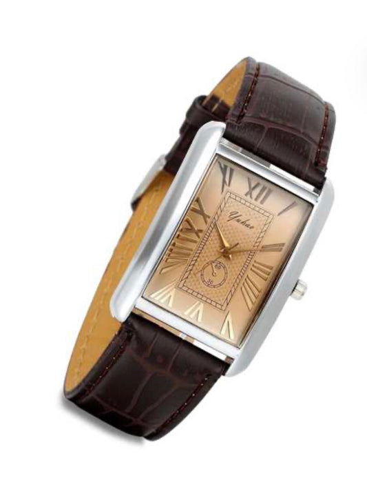 Unisex Retro Vintage Square Quartz Analog Watch Silver Tone Case Crocodile Pattern Brown Leather Business Casual Dress Wrist Watch (USA Express Delivery)