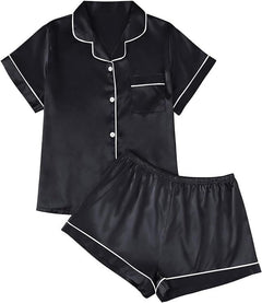 Silk Satin Pajama Set for Women 2 Piece Lounge cloth Winter Matching Summer Sleepwear Button Down Shirt Shorts (USA Express Delivery)