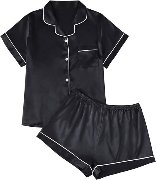 Silk Satin Pajama Set for Women 2 Piece Lounge cloth Winter Matching Summer Sleepwear Button Down Shirt Shorts (USA Express Delivery)