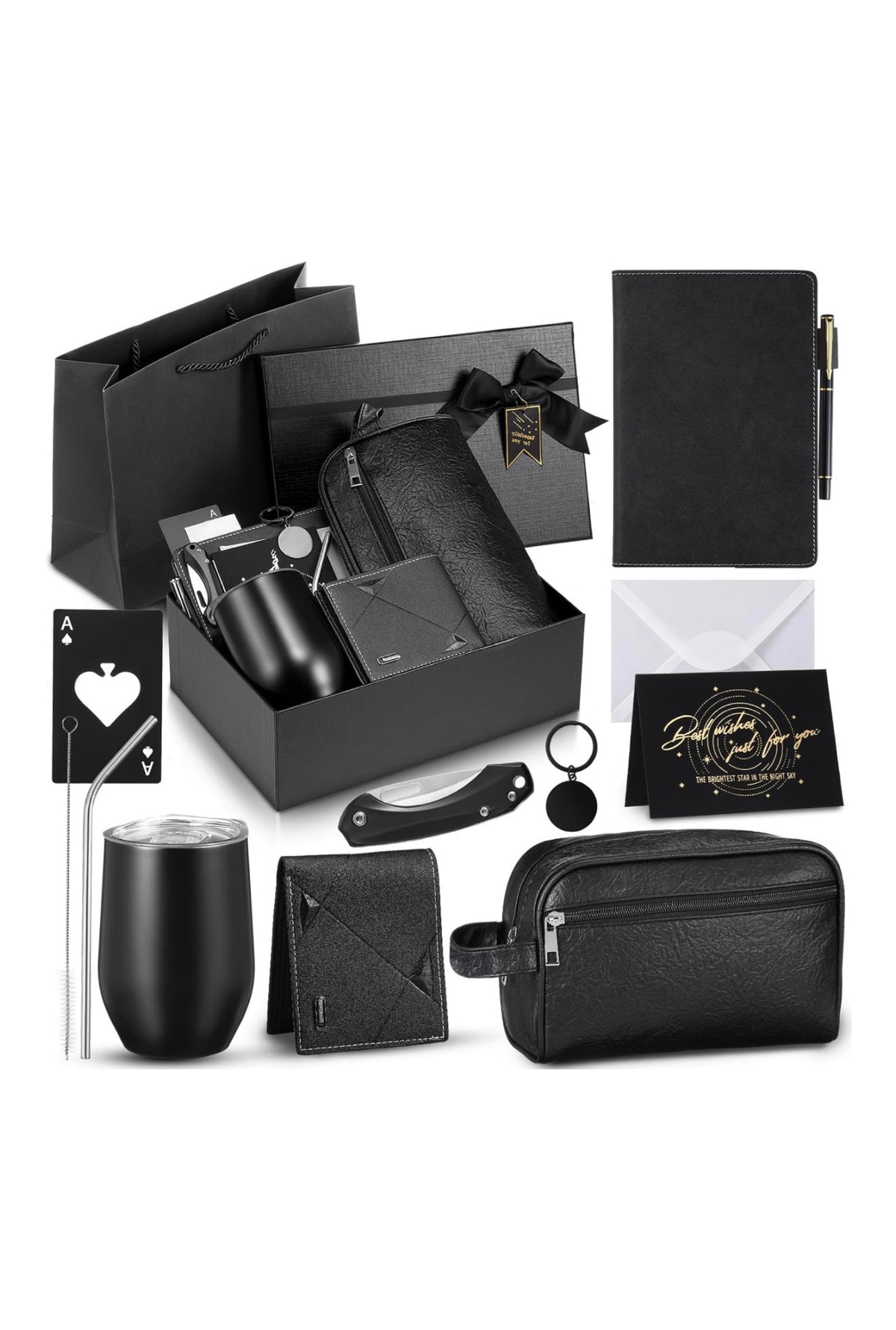 13 Pcs Gift Set for Men, Thank You Gift Basket 12 oz Stainless Steel Tumbler, Leather Toiletry Bag, Birthday Present for Dad, Boyfriend, Husband, Brother (USA Express Delivery)