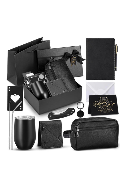13 Pcs Gift Set for Men, Thank You Gift Basket 12 oz Stainless Steel Tumbler, Leather Toiletry Bag, Birthday Present for Dad, Boyfriend, Husband, Brother (USA Express Delivery)