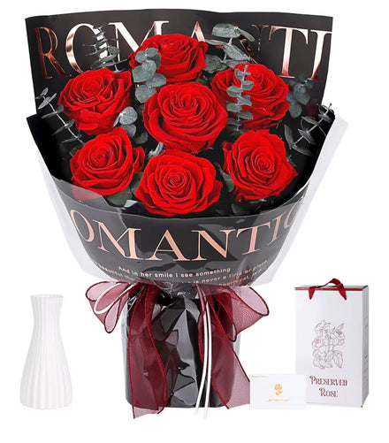 Preserved Flowers for Delivery, 7 Red Roses with Vase, Gifts for Women Her (USA Express Delivery)
