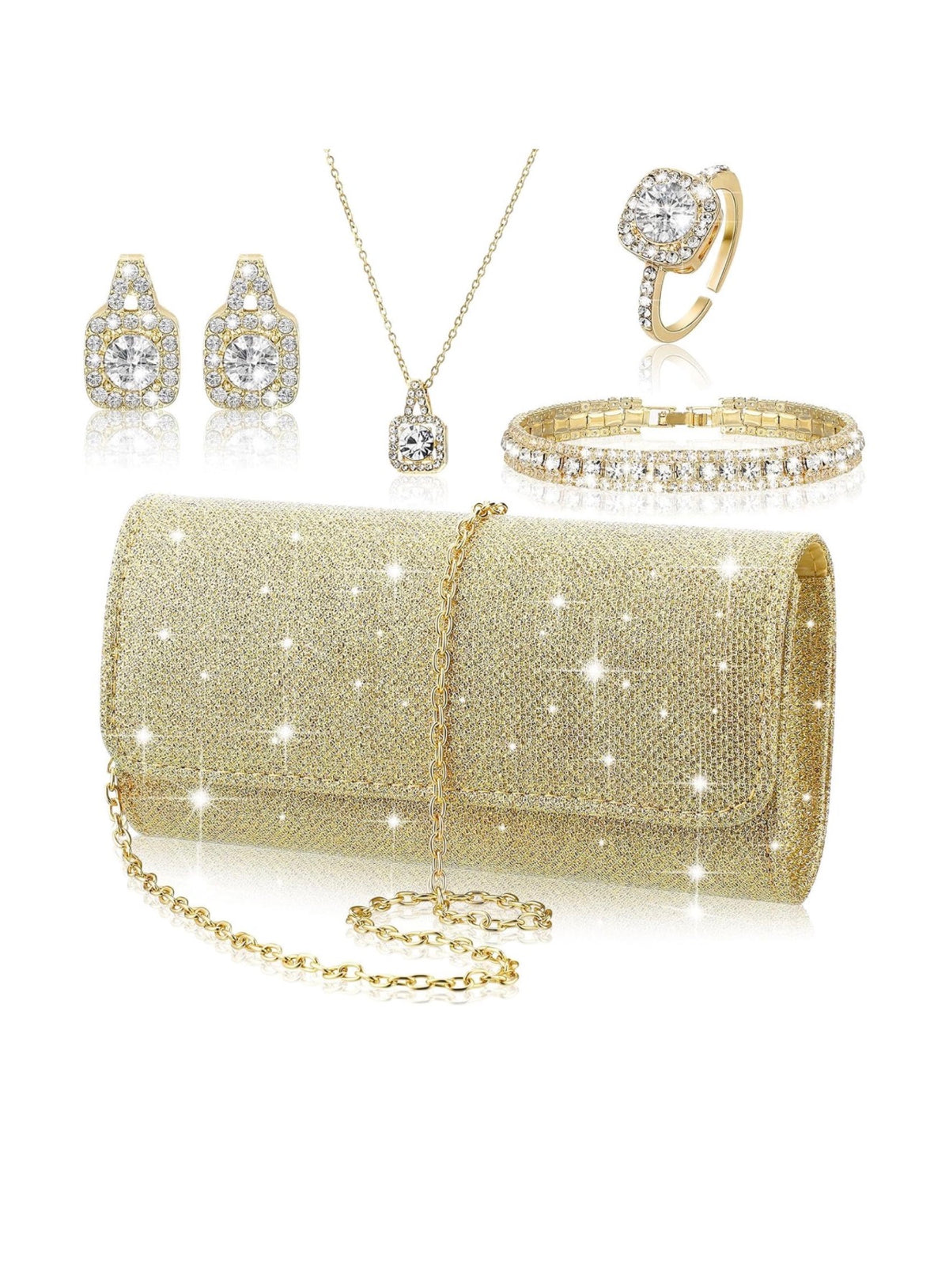 5 Pcs Rhinestone Jewelry Set for Women Clutch Purse Glitter Bling Costume Jewelry Accessories, Included Crystal Purse Bag Necklace Earrings Bracelet Ring, Bride Wedding (USA Express Delivery)