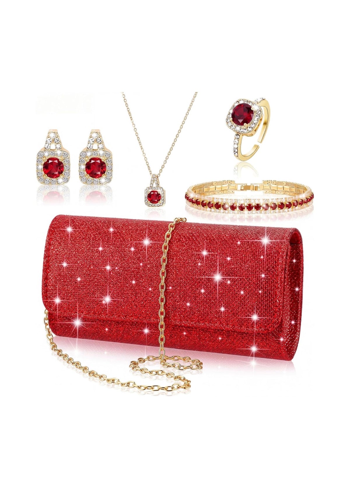 5 Pcs Rhinestone Jewelry Set for Women Clutch Purse Glitter Bling Costume Jewelry Accessories, Included Crystal Purse Bag Necklace Earrings Bracelet Ring, Bride Wedding (USA Express Delivery)