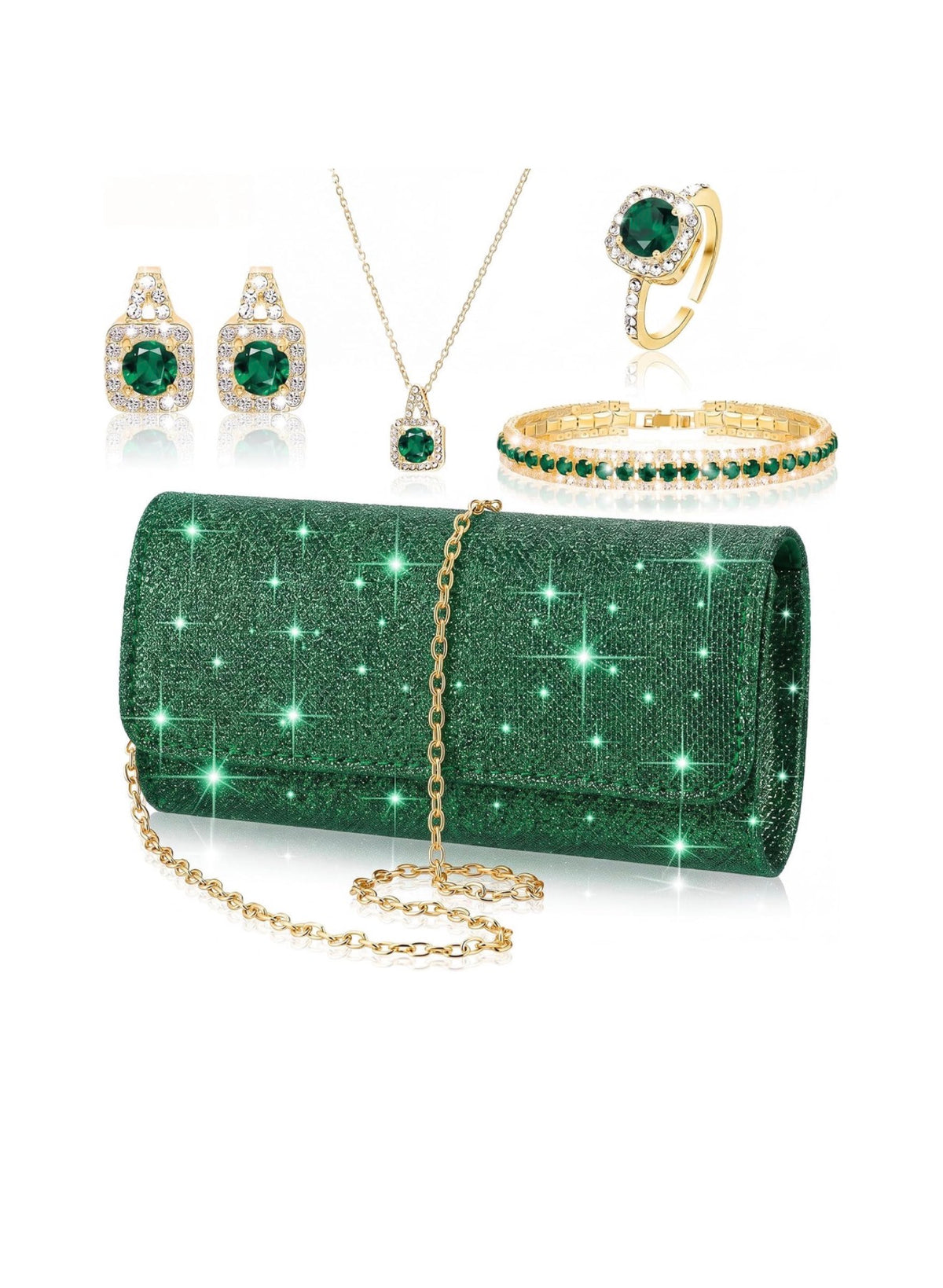 5 Pcs Rhinestone Jewelry Set for Women Clutch Purse Glitter Bling Costume Jewelry Accessories, Included Crystal Purse Bag Necklace Earrings Bracelet Ring, Bride Wedding (USA Express Delivery)