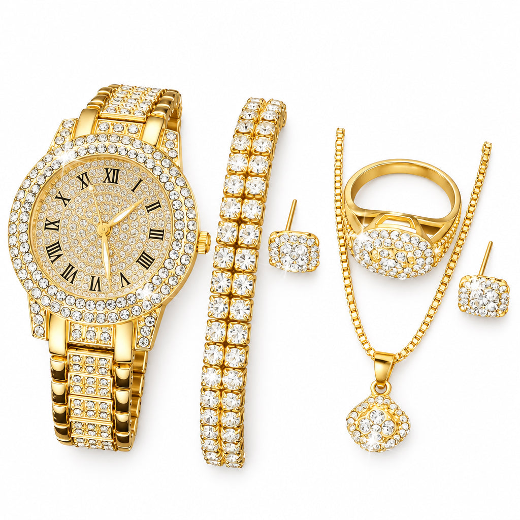 7pcs Elegant Quartz Watch & Jewelry Set, Fashionable Women's Round Watch, Crystal Necklace, Earrings, Ring, Bracelet Set (Standard Delivery)