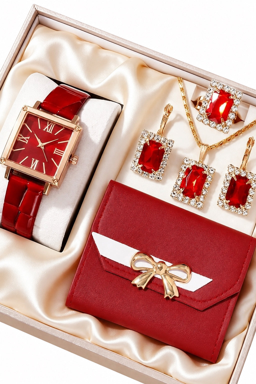 6pcs Set Elegant Women's Quartz Watch Set, Luxury Holiday Women's Red Diamond Accessory Set (Including Rose Gold Square Case With Red Dial And Roman Numerals, Red Leather Strap Quartz Watch) (Standard Delivery)