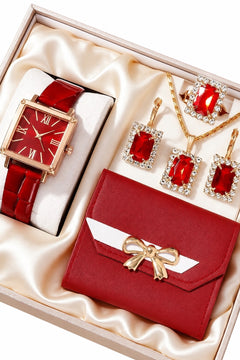 6pcs Set Elegant Women's Quartz Watch Set, Luxury Holiday Women's Red Diamond Accessory Set (Including Rose Gold Square Case With Red Dial And Roman Numerals, Red Leather Strap Quartz Watch) (Standard Delivery)