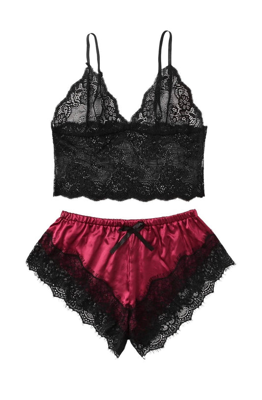 2 Pcs Women’s New Sexy Lace See-Through Pajamas Black Pink Cute Clothes Comfortable Breathable Suspender Shorts Set (USA Express Delivery)