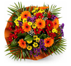 Bouquet Fresh Seasonal Styling With Orange Gerberas, Mixed Yellow and Red Chrysanthemums, Purple Filler Blooms, Chocolate (uk Express delivery)