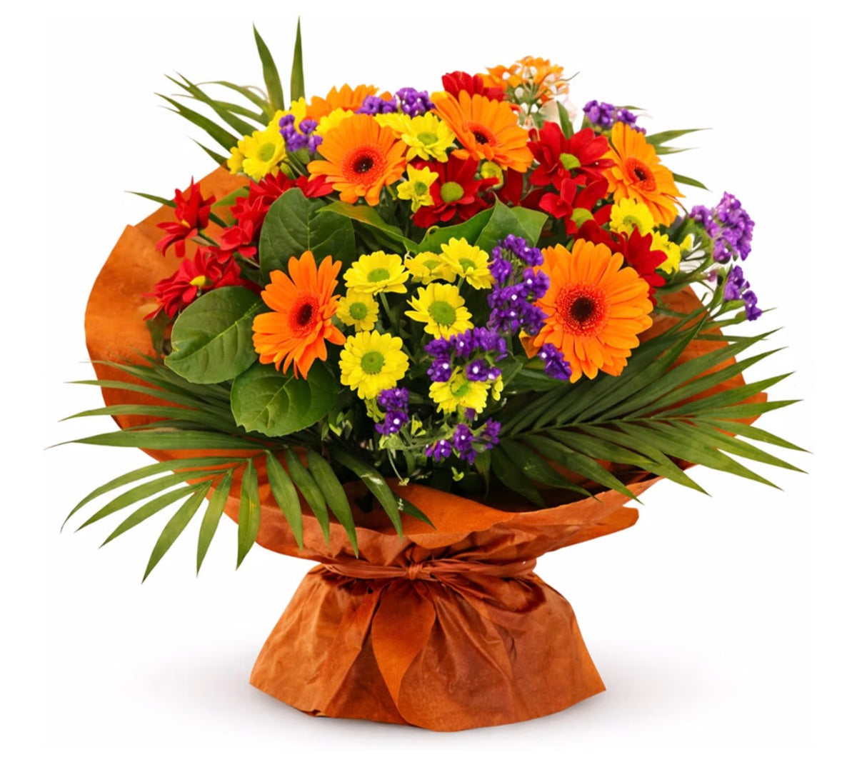 Bouquet Fresh Seasonal Styling With Orange Gerberas, Mixed Yellow and Red Chrysanthemums, Purple Filler Blooms, Chocolate (uk Express delivery)