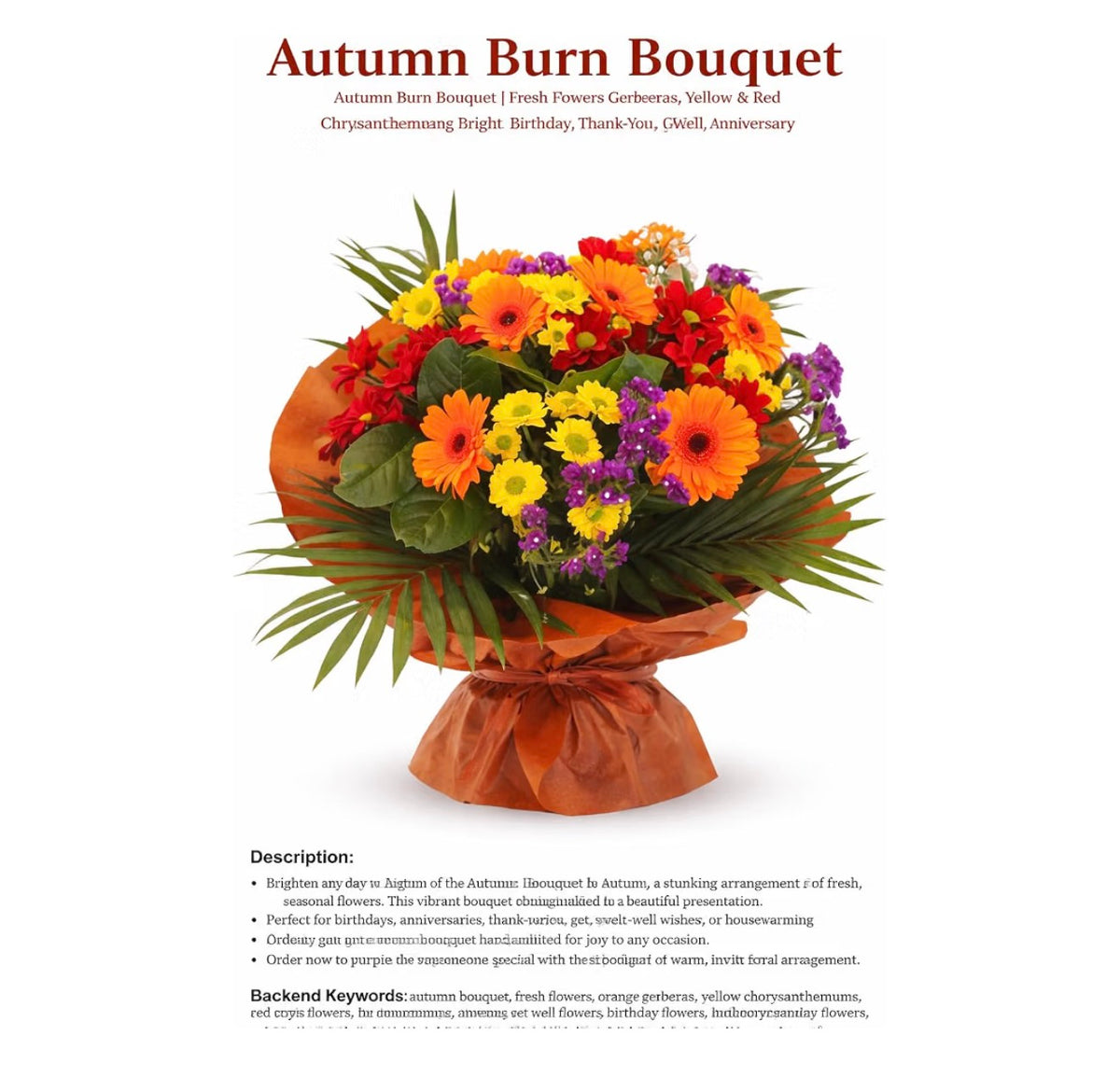 Bouquet Fresh Seasonal Styling With Orange Gerberas, Mixed Yellow and Red Chrysanthemums, Purple Filler Blooms, Chocolate (uk Express delivery)